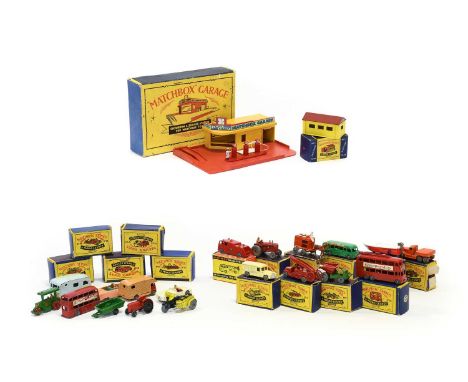 Matchbox Showroom &amp; Service Station in LRL box (G box G) 1-75's 2 Dumper truck, 9 Fire engine, 56 Trolley bus, 48 Sports 