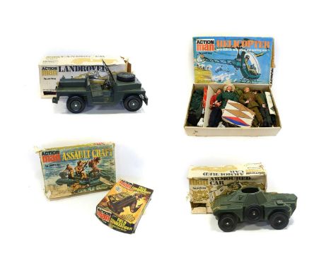 Action Man Various Vehicles And Other Items including four figures flock hair with assorted uniforms, Land Rover (boxed) Armo