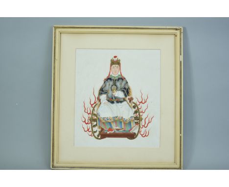 C18th/19th Chinese portrait of a Daoist deity with a third true-seeing eye in the middle of his forehead, framed, 55.2 x 50cm