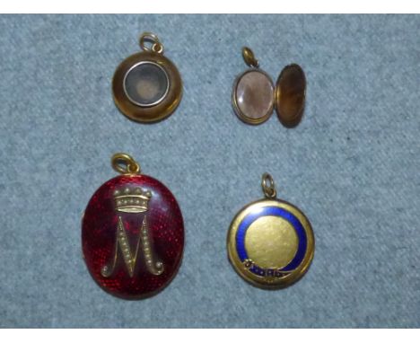 Yellow metal, guilloche enamel & seed pearl mourning pendant, another yellow metal & blue enamel, and 2 smaller 1865 & 1868