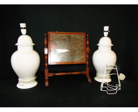 Pair white ceramic table lamps, & small Victorian oblong toilet mirror