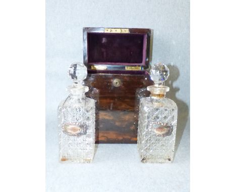 Victorian coromandel and brass bound decanter box fitted with 2 decanters with plated labels