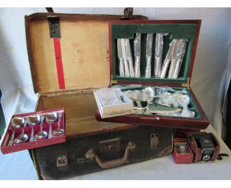Vintage suitcase; flatware (plated) old camera and chess board