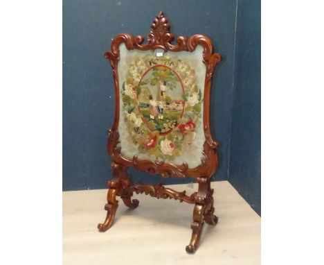 Edwardian ornate walnut fire screen with embroidered panel depicting children & flowers 132Hx74W cm