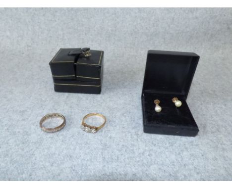 18ct gold 3 stone ring size P, eternity ring size Q and 9ct gold &amp; cultured peral earrings 5.7g