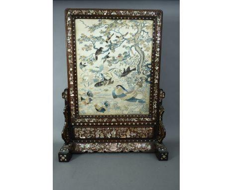 C19th Chinese embroidered silk panel, finely worked with ‘The Hundred Birds’ design, mother-of-pearl inlaid wood frame and st
