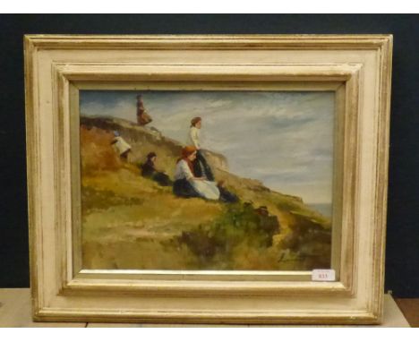 Oil on panel, impressionist coastal scene, figures on a headland looking out to sea, 27x38.5cm