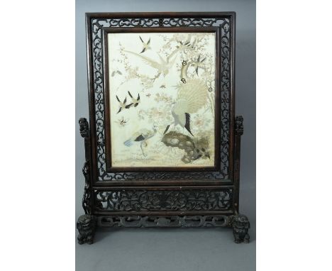 C19th Chinese embroidered silk panel, embroidered with various birds including peacock and peahen by flowering tree branches,