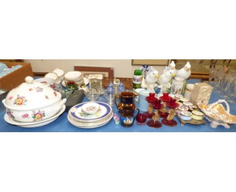 Qty of mixed china & glass to include enamel pill boxes, birds, ornaments & collection of thimbles