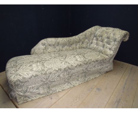 Button back chaise longue upholstered in pale blue patterned material