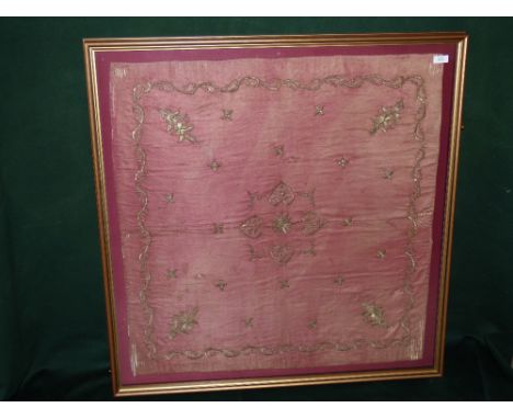 C19th ottoman, satin & gold thread Bohca, a square of cloth used for wrapping as part of a trousseau, in glazed frame, panel 