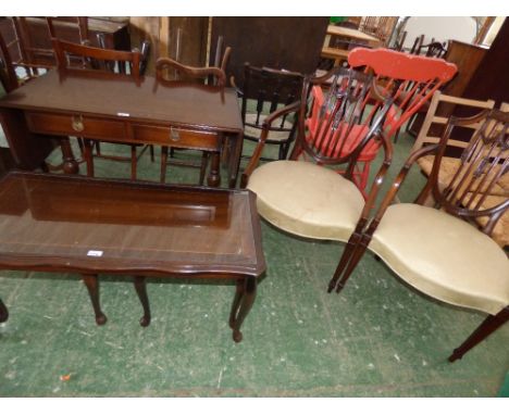 Pair Victorian style mahogany carvers & modern mahogany sofa table & nest of tables