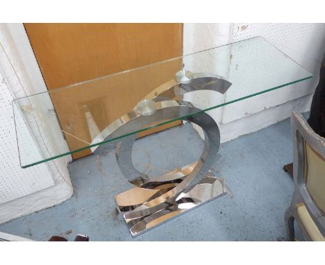 CONSOLE TABLE, with glass top on a chromed metal base, 120cm x 38cm x 79cm H.