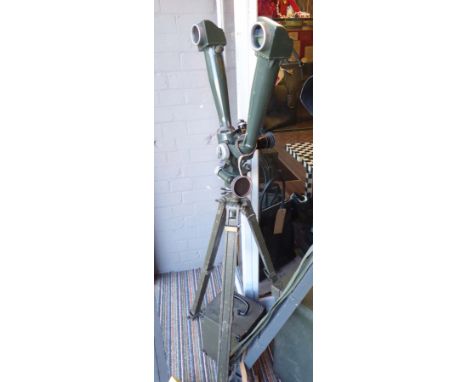 VINTAGE MILITARY TRENCH PERISCOPE BINOCULARS, on tripod with accompanying tools and case, 130cm H. (with faults)