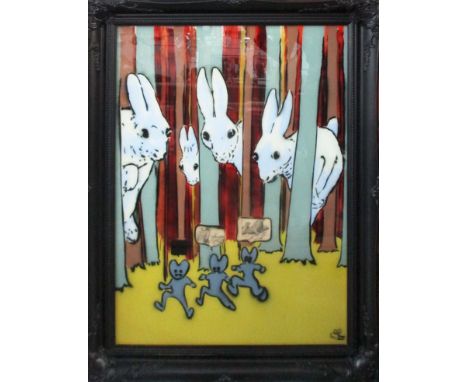 PURE EVIL, painting on reverse glass with print insertion, signed lower right, 92cm x 60cm, framed.(Subject to ARR - please s