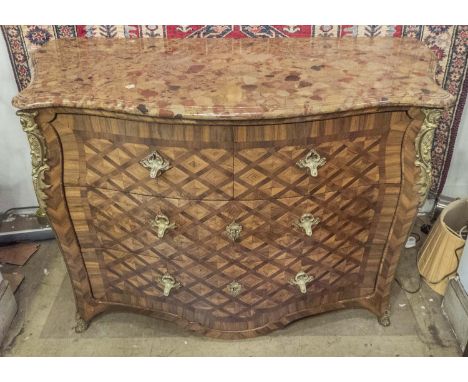 SERPENTINE COMMODE, 18th century kingwood parquetry, with breche d'alep marble top over two short and two long drawers, with 