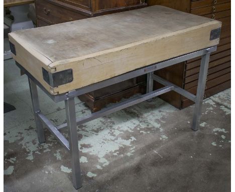 BUTCHERS/KITCHEN BLOCK, metal bound end grain maple, reversible block on stretchered light wrought aluminium frame, 120cm W x