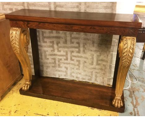 CONSOLE TABLE, Regency and later, rosewood and parcel gilt, scrolling supports on paw feet, 115cm W x 90cm H x 30cm D. (with 