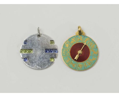18K GOLD AND ENAMEL 'ZODIAC' PENDANT, 3cm diam; and a 18K white gold Beatrice Rosenthal pendant set coloured stones, 3cm diam