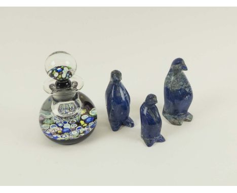 CAITHNESS 'ROMANCE' MILLEFIORI PAPERWEIGHT/INKWELL, 11.5cm H plus three blue lapis lazuli penguin ornaments, tallest 9cm H. (