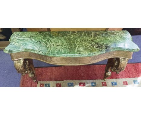 CONSOLE TABLE, 19th century, continental giltwood and painted, with serpentine simulated malachite top, on carved supports, 1