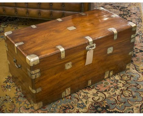 TRUNK, 19th century, camphorwood and brass bound with rising lid and carrying handles, 101cm W x 49cm D x 46cm H.