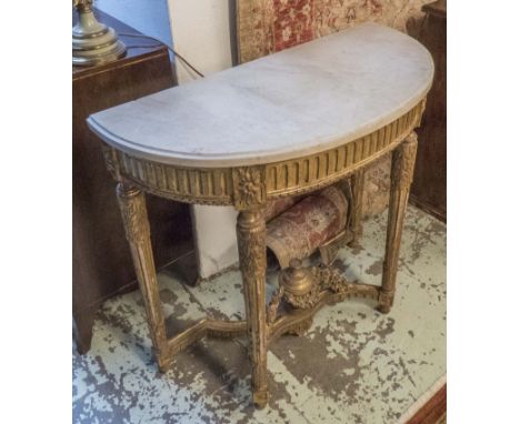 CONSOLE TABLE, Louis XVI style, the demi lune white marble top on gilt base, with fluted supports and curved stretchers with 