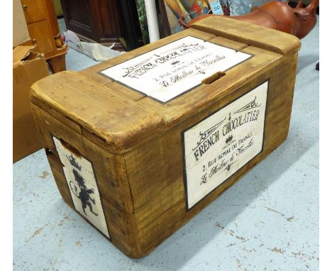 TRUNK, made from reclaimed wood with French chocolatier label to top, 85cm x 45cm x 44cm H.