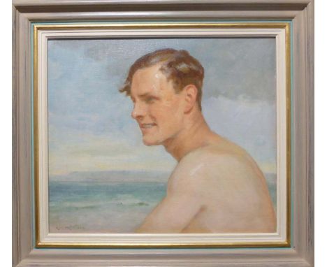 CHARLES KAY ROBERTSON (Scottish 1888-1931) 'Portrait of a man bather head and shoulders in profile against a seascape', oil o
