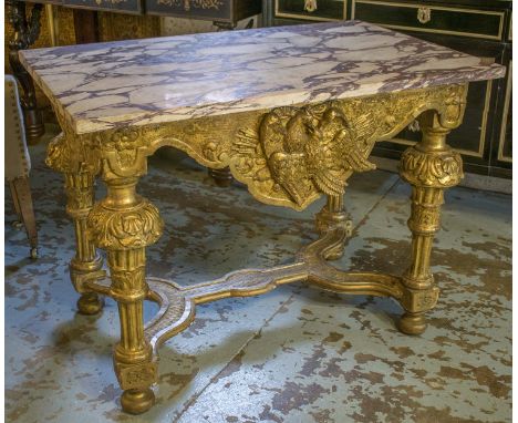 CONSOLE TABLE, 19th century Italian giltwood with embracing doves frieze, stretchered supports and breche violette rectangula