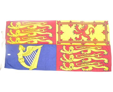 A large original vintage 1977 Royal Standard of the United Kingdom flag. Linen construction of usual form split into x4 quadr
