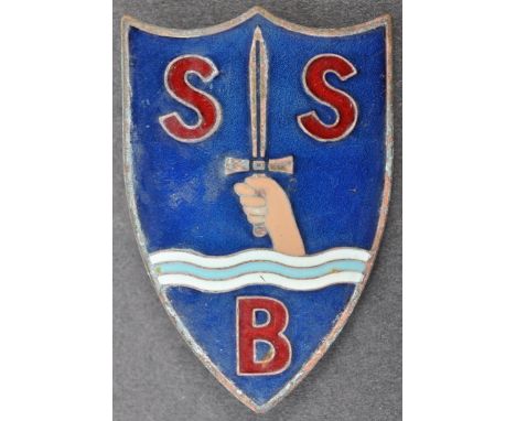 A WWII Second World War type SBS ' Special Boat Service ' uniform enamel cap badge. Blue, with red and white ' SBS ' emblem t