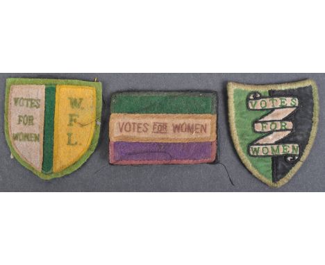Three rare Edwardian Suffragette ' Votes For Women ' / WSPU related cloth clothing patches. The first being a rectangular ' V