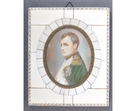 A charming 19th Century antique Napoleonic War interest hand painted portrait of Napoleon on an inlayed Ivory frame. The fine