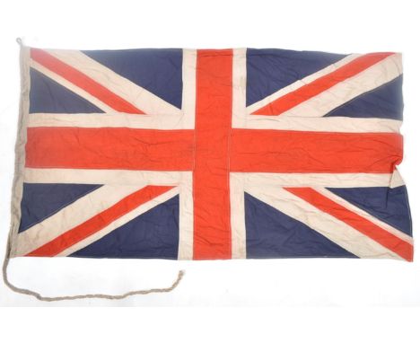 A WWII Second World War interest vintage Union Flag / Jack. Red, white and blue in typical form. The seam with broad arrow an