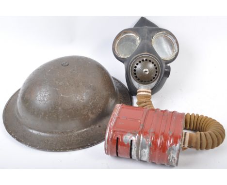 An original WWII Second World War British Army Civil Defence brodie type helmet and accompanying MKIII respirator gas mask. T