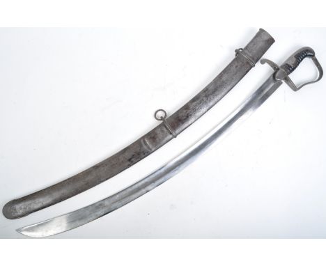 An antique 18th century 1796 pattern British Light Cavalry sword / sabre. Shaped steel guard, with black grips, leading to a 