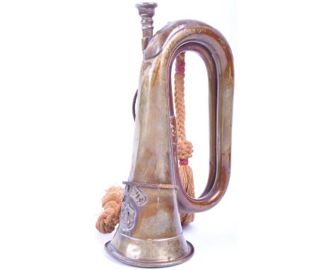 An original WWI First World War period British Army issued Cornwall Regiment bugle. Copper and brass construction, no maker's