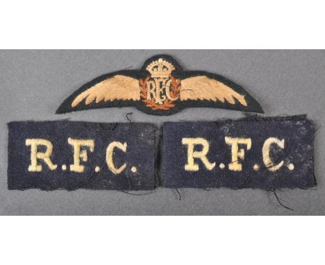 WWI First World War interest - a collection of x3 RFC Royal Flying Corps cloth patches - comprising of an RFC ' Wings ' patch