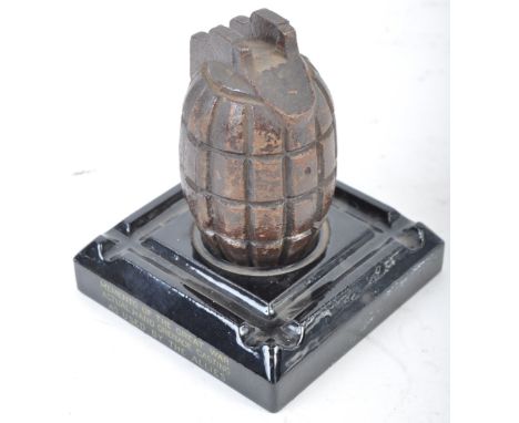 An original WWI First World War commemorative British Army Mills Bomb hand grenade display. Comprising of a genuine WWI Grena