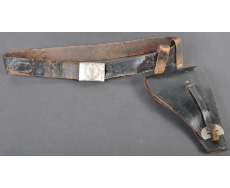 A scarce original WWII Second World War Third Reich Nazi German army Waffen SS leather uniform belt, buckle and holster. The 