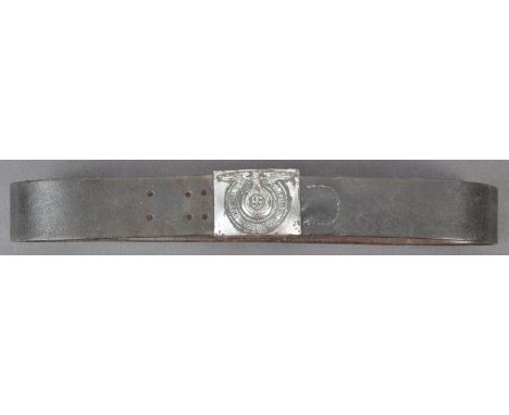 A WWII Second World War Third Reich Nazi German Army leather uniform belt, with an original nickel ' SS ' belt buckle, with i