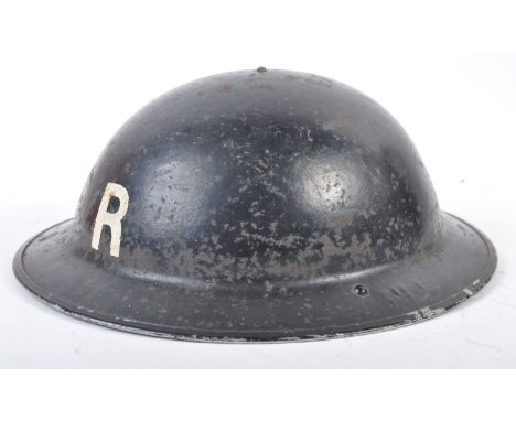 An original WWII Second World War period Civil Defence steel Brodie helmet ' Rescue '. 1945 dated to seam, with BMB makers ma