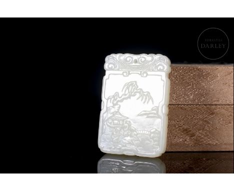 White jade carved in the form of a rectangular plaque, with a finely cut edge. It is decorated on both sides with relief deta