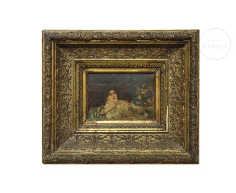 Oil on panel. Signed in the upper left corner.Size: 14 x 20 cm; Size with frame: 40 x 40.5 cmVerified by the specialist, we t