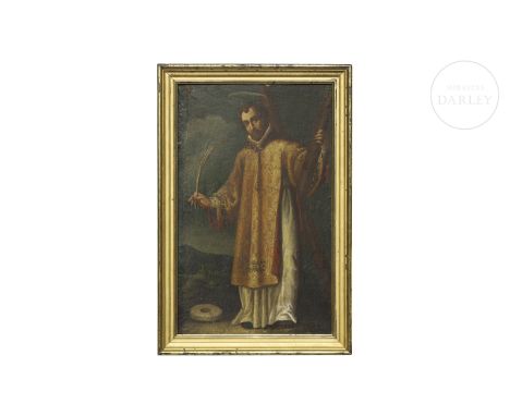 Oil on panel. The saint is depicted wearing a long tunic with embroidered details, holding a palm in his right hand and a cro