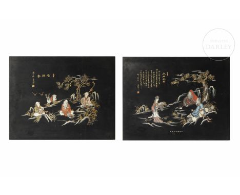 Two rectangular wooden panels, decorated with hand-painted scenes in gold and coloured pigments. One panel depicts a calm sce