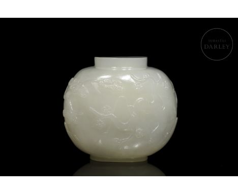 A white jade from Hetian, carved in the shape of a snuff bottle with a hollow interior. It has a rounded body resting on a sh