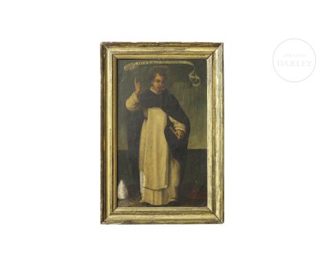 Oil on panel. It depicts the saint in a Dominican habit with a shaved head, holding a bible in his right hand and his left ha