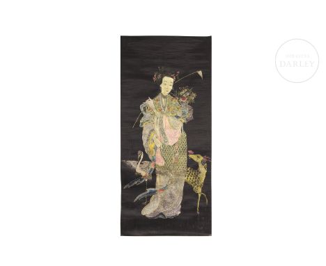 Chinese silk panel embroidered with coloured threads. It shows the image of an elegant lady in fine traditional dress, holdin